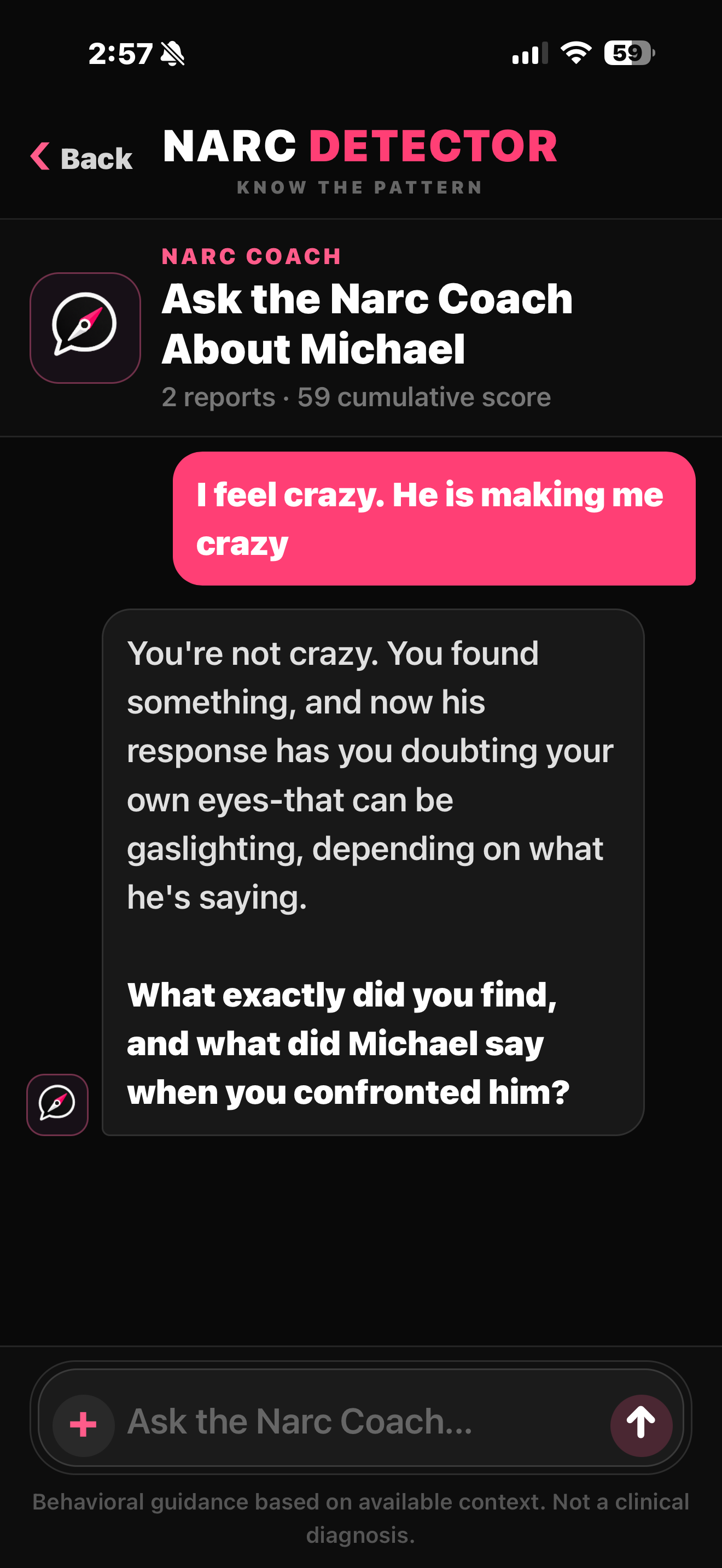 Narc Coach explaining possible gaslighting and asking a helpful follow-up question