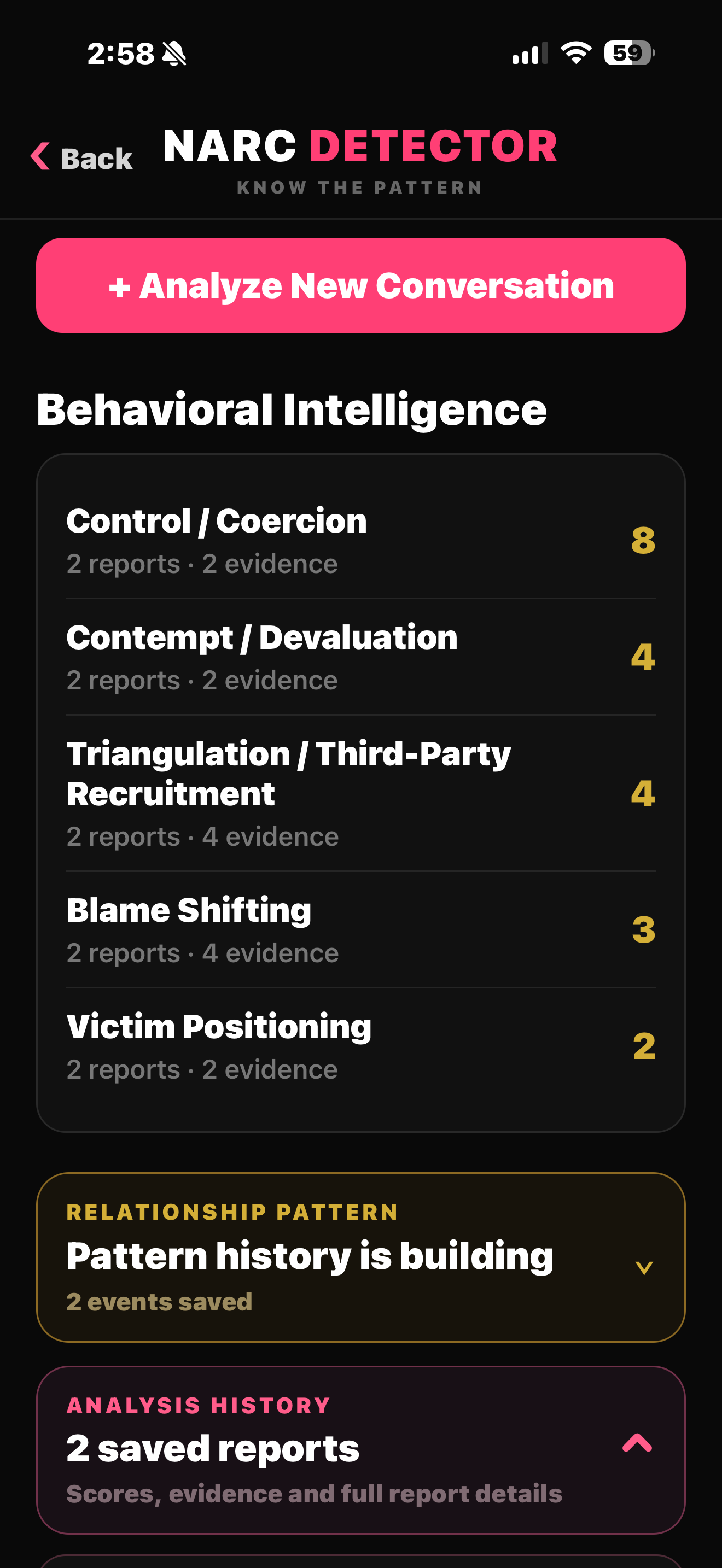 Narc Detector behavioral intelligence showing recurring communication patterns and saved analysis history